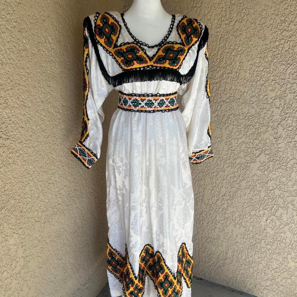 True Vintage 1970s Crochet Fringe Ric Rac Silk peacock print  Maxi Dress M/L